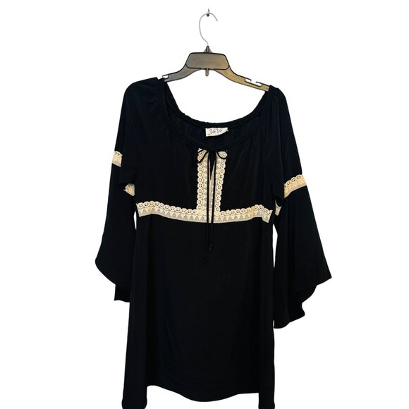 2/$30 VaVa Medium Boho Black & Ivory Tunic Mini Dress Lace Trim Bell Sleeves - Picture 7 of 16